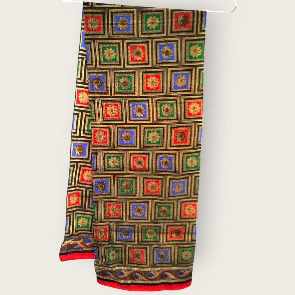 Vintage Echo Silk‎ Scarf Rectangle Floral Tile Print Gold Red